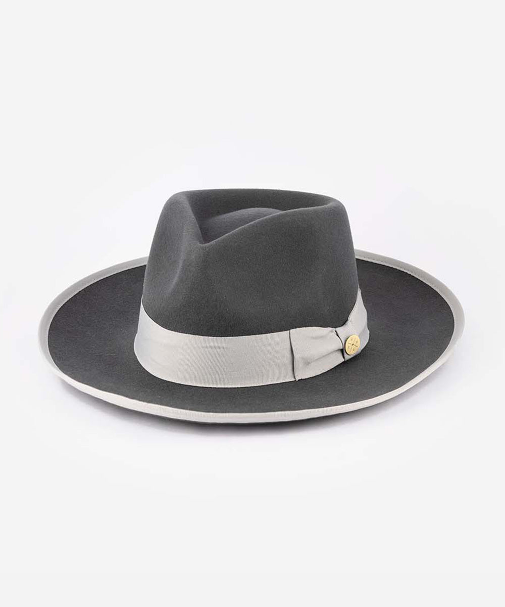 Gray fedora hat with a silver band on a white background #color_dark grey