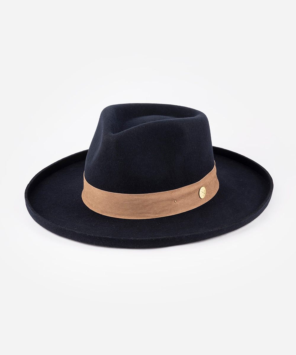 Dark blue fedora hat with a brown band on a white background #color_navy