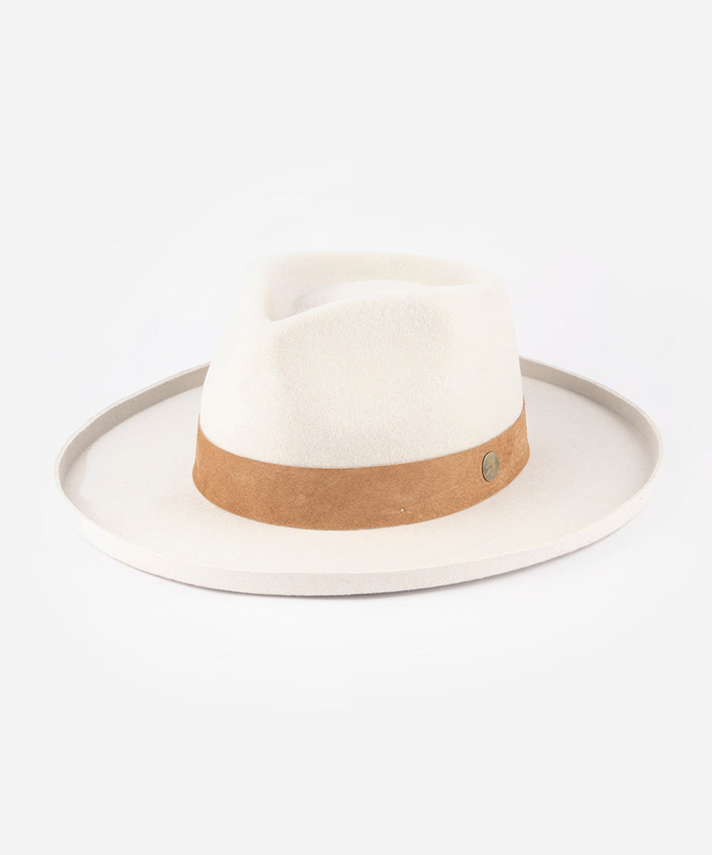 White fedora hat with a brown band on a white background #color_ivory