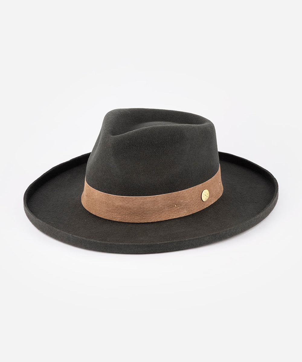 Black fedora hat with a brown band on a white background #color_dark earth