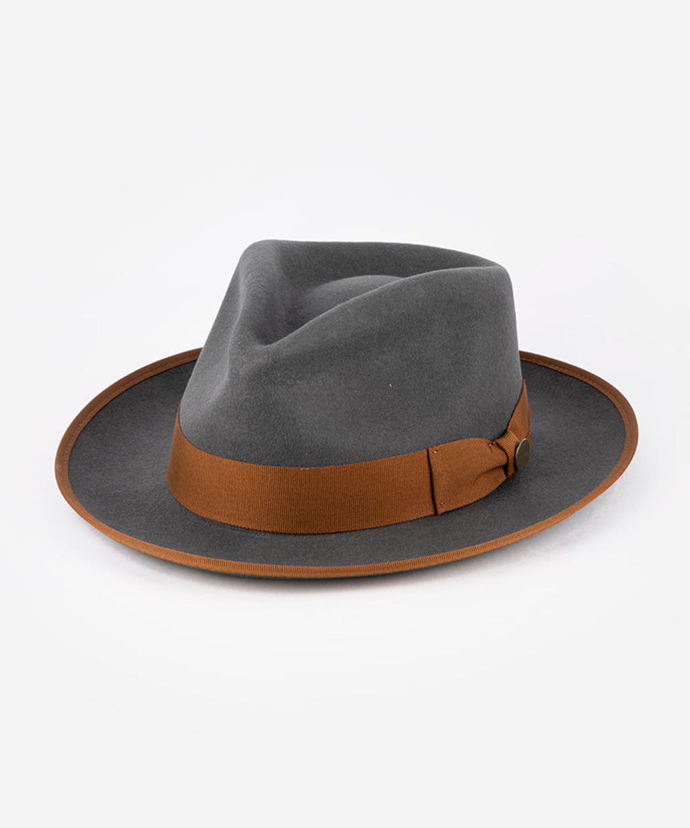 Gray fedora hat with a brown band on a white background #color_brown