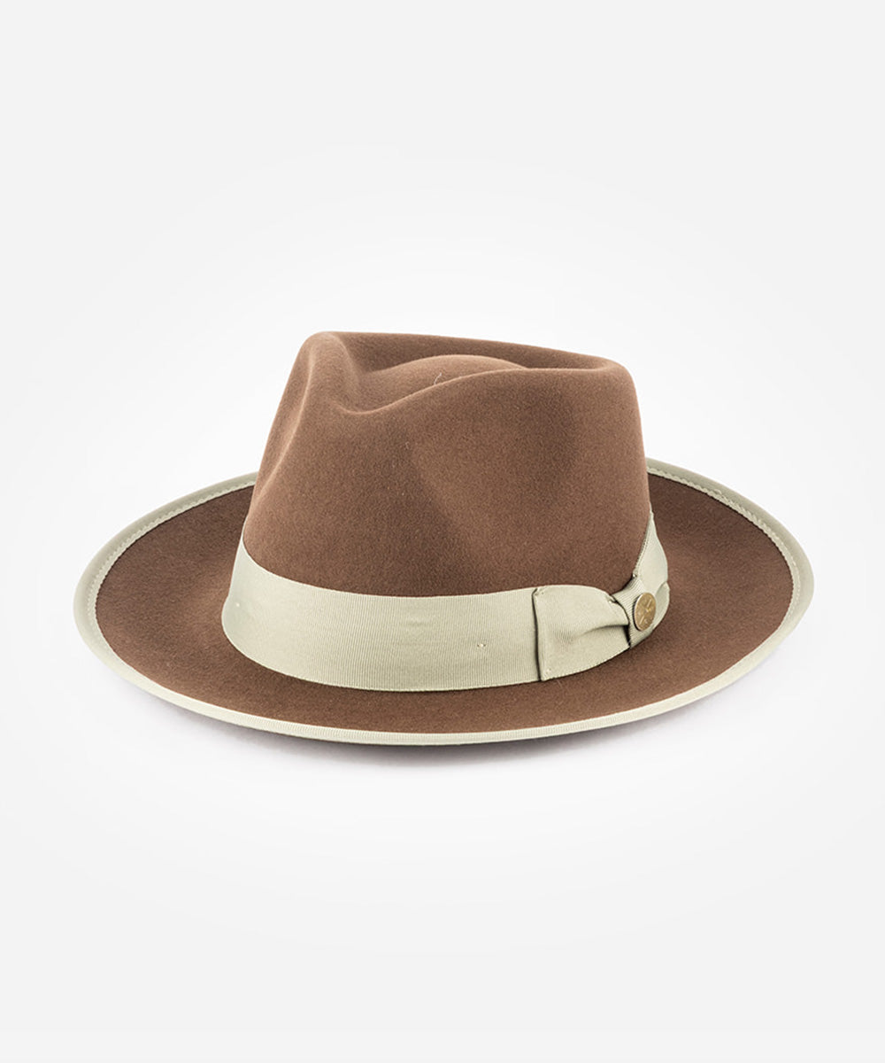Brown fedora hat with a beige band on a white background #color_coffee