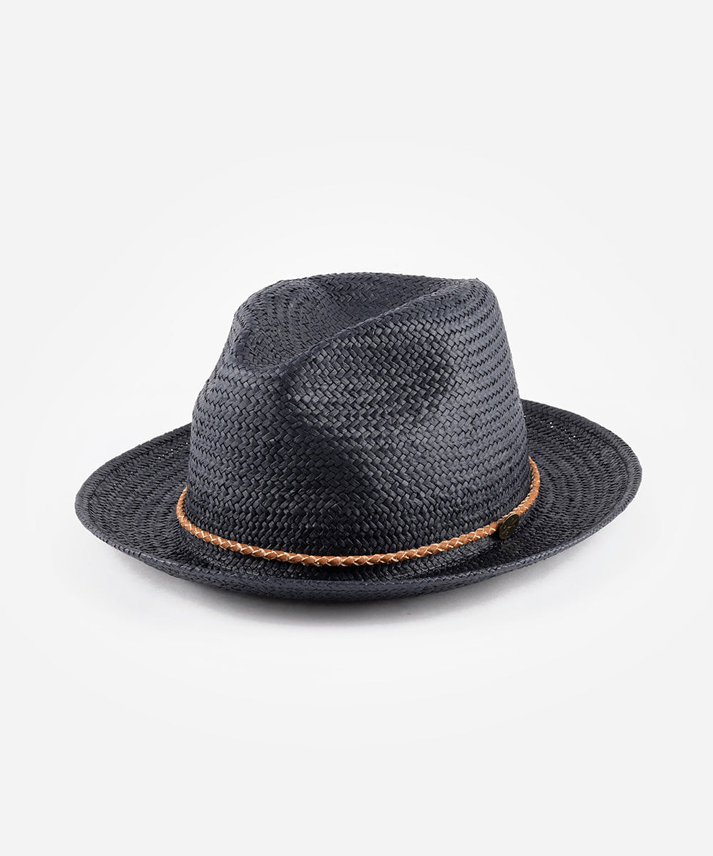Blue straw hat with a brown band on a white background #color_navy