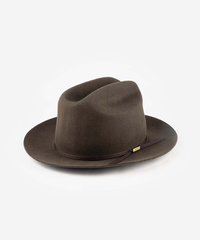 A dark brown felt fedora hat with a matching dark brown band and a small gold-tone metal accent, photographed on a clean white background #color_hickory