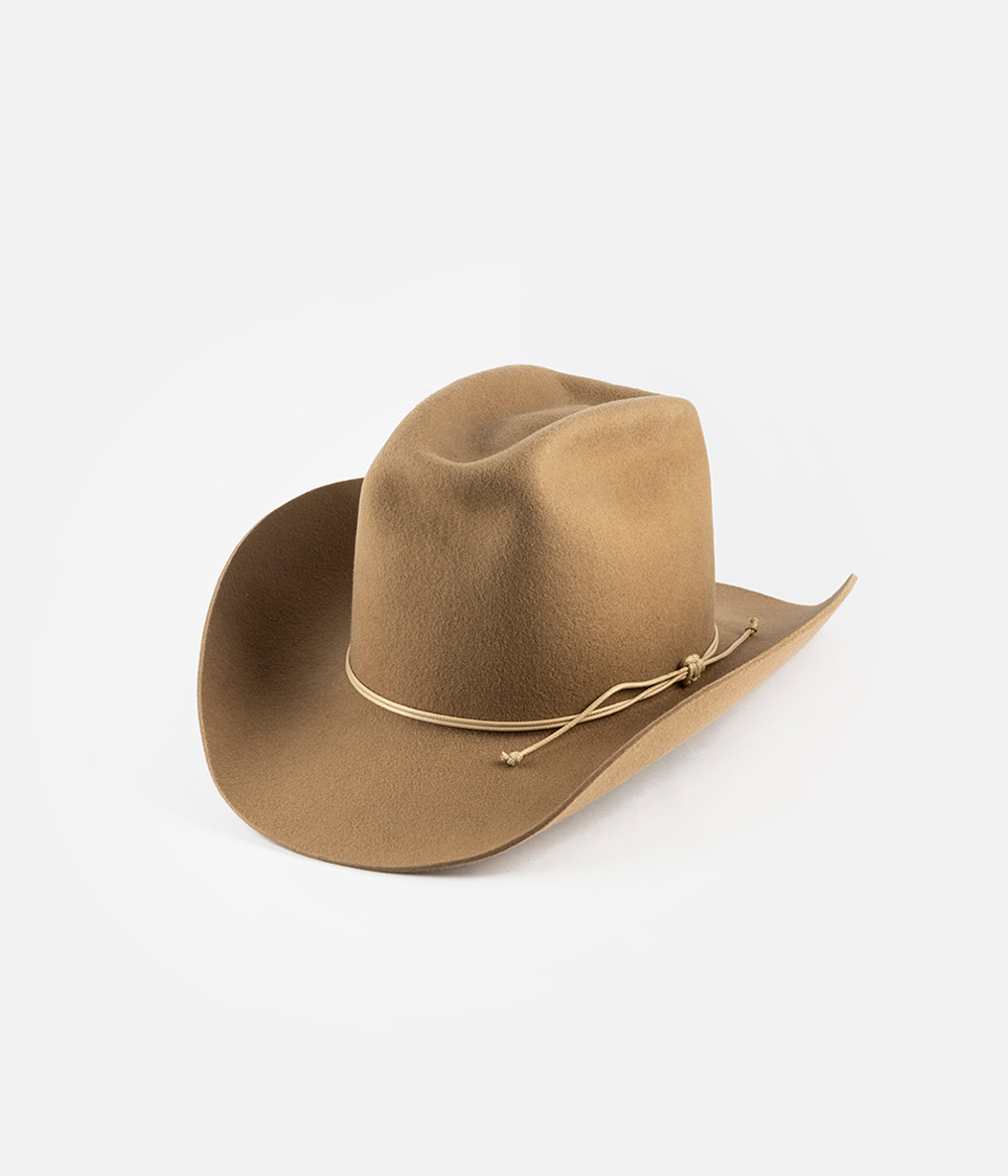A classic cowboy hat in a warm tan brown color, made of felt, with a matching tan rope band tied in a knot, shown on a clean white background #color_brown