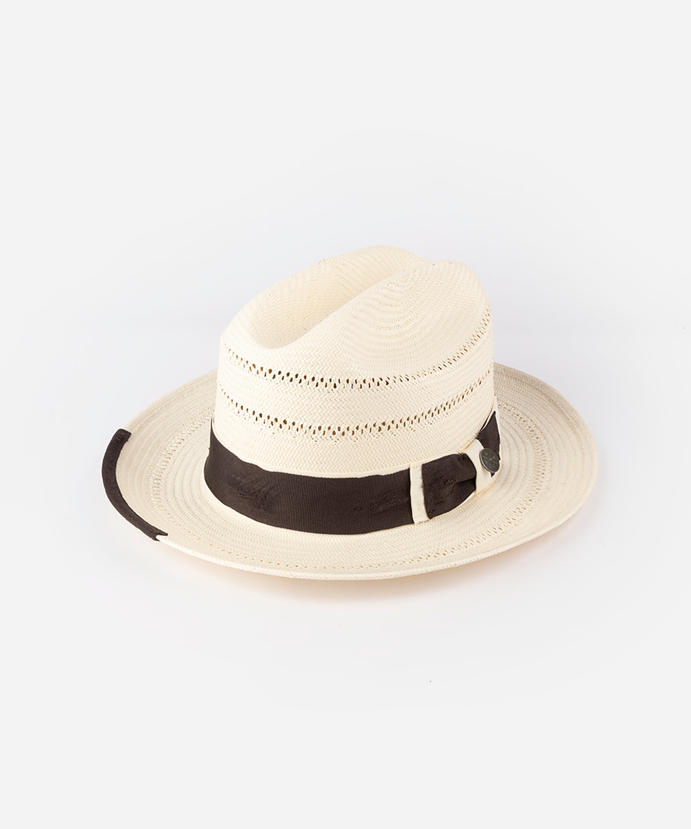 Straw hat with a decorative band in a white background #color_dark brown