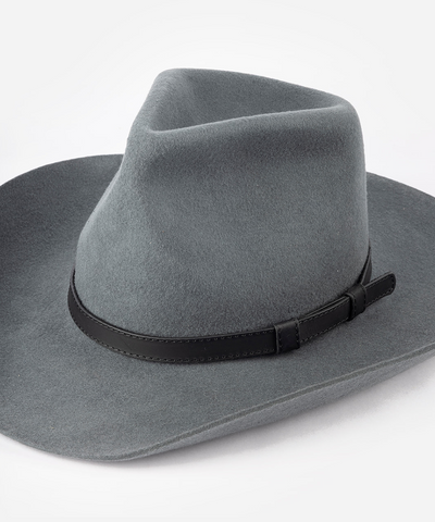 Gray cowboy hat with a leather band in a white background #color_black