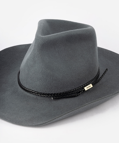 Gray cowboy hat with a leather band in a white background #color_black