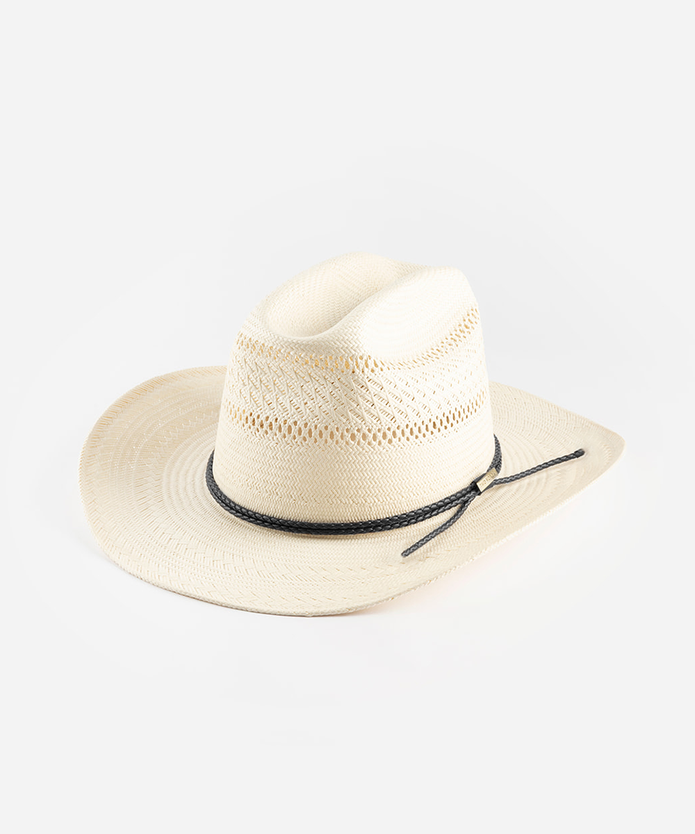 Beige straw hat with a black band on a light gray background #color_ivory
