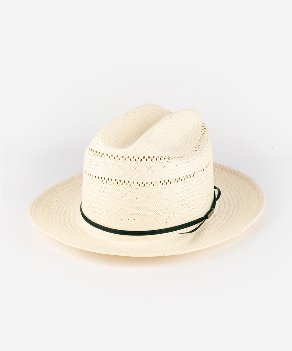 White straw hat with a black band on a white background #color_off white