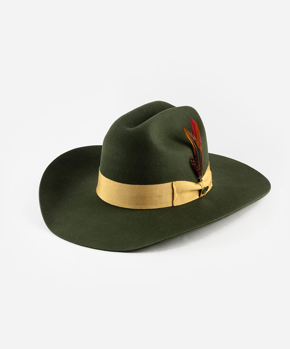 Green cowboy hat with a gold band and feather on a white background #color_forest green mustard