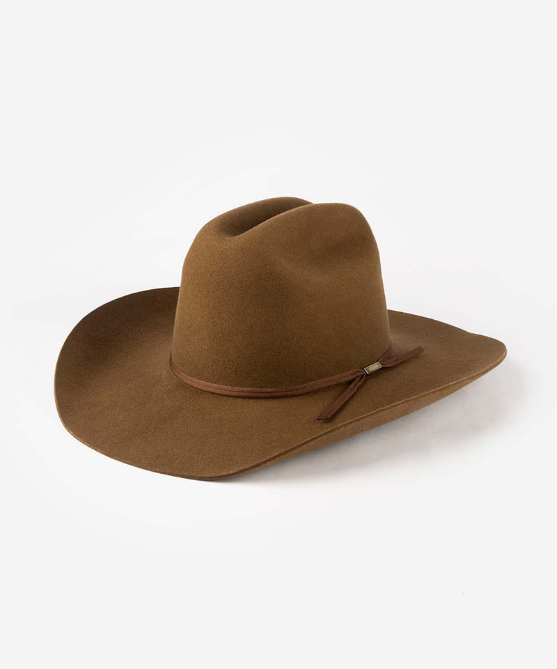 A brown felt cowboy hat with a matching brown leather band and small silver-toned metal accent, photographed on a clean white background #color_tobacco