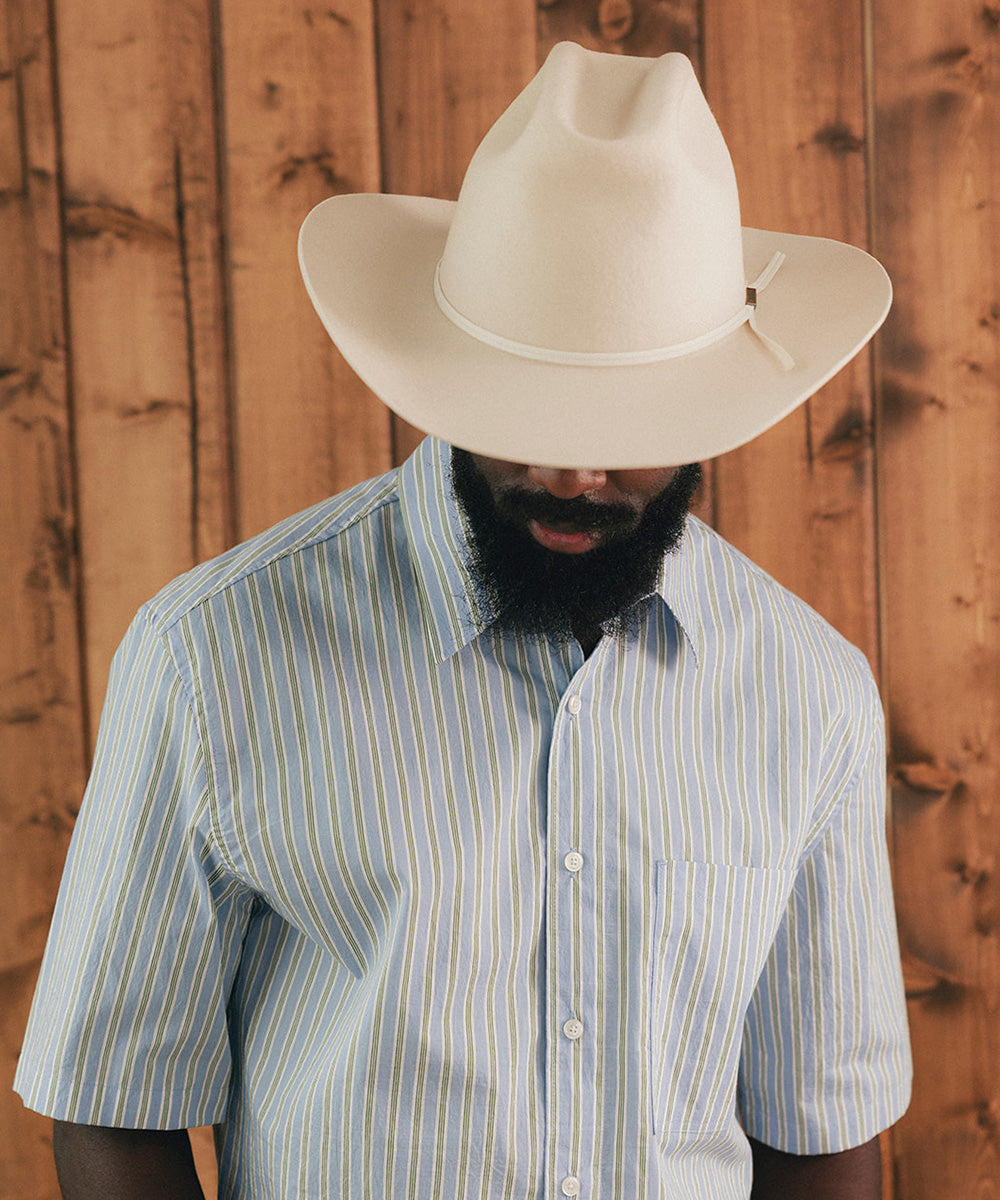 Man wearing a light blue striped shirt and beige cowboy hat against a wooden background #color_bone