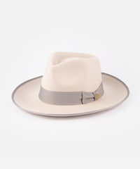 Beige fedora hat with a gray band on a white background #color_ivory