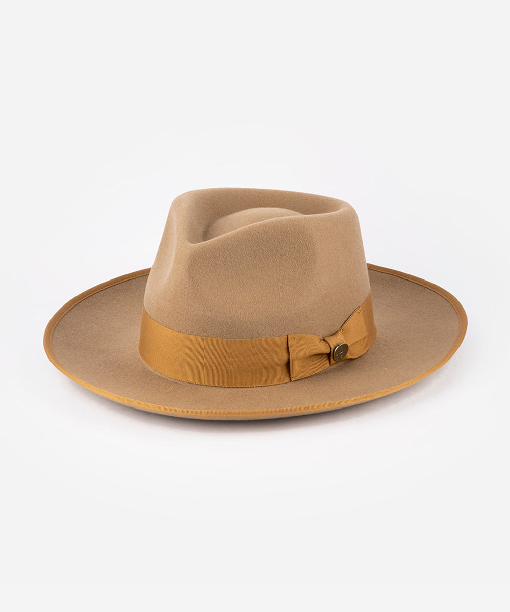Brown fedora hat with a yellow band on a white background #color_brown