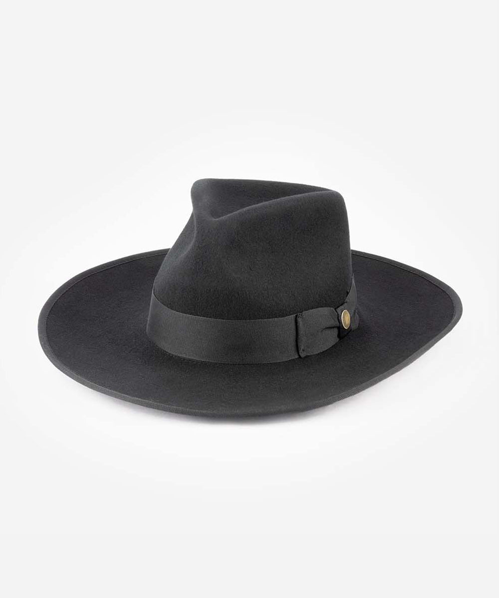 Black fedora hat with a ribbon on a white background #color_black
