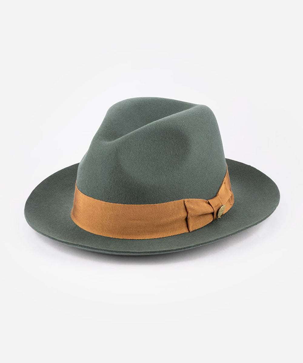 Green fedora hat with a brown band on a white background #color_dusty green