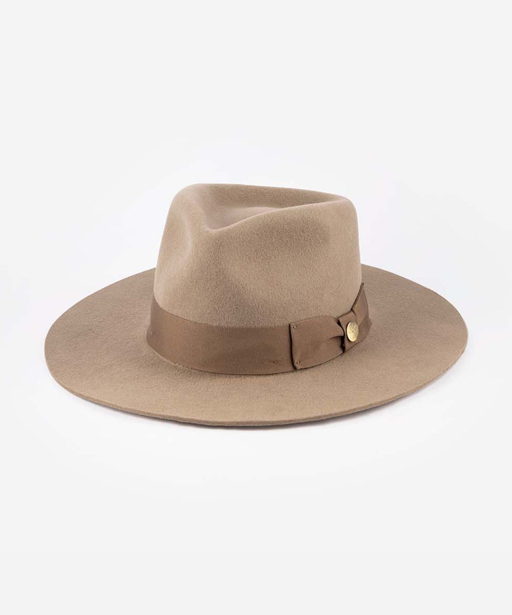 Brown fedora hat with a leather band on a white background #color_brown