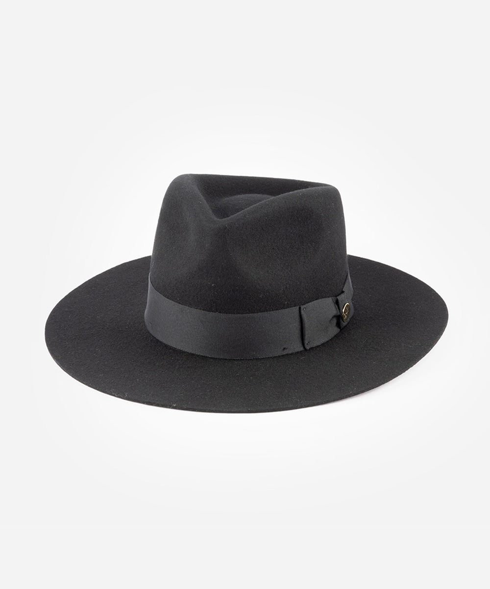 Black fedora hat with a wide brim on a white background #color_black