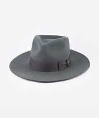 Gray fedora hat with a brown band on a white background #color_dark grey