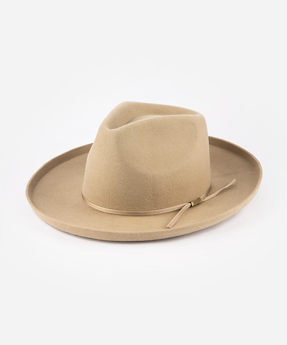 Beige fedora hat with a ribbon on a white background #color_tan