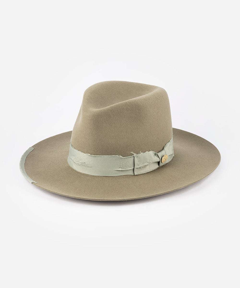 Green fedora hat with a light brown band on a white background #color_olive