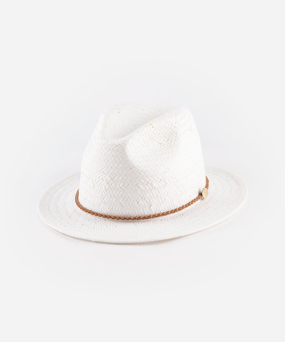 White straw hat with a brown band on a white background #color_ivory