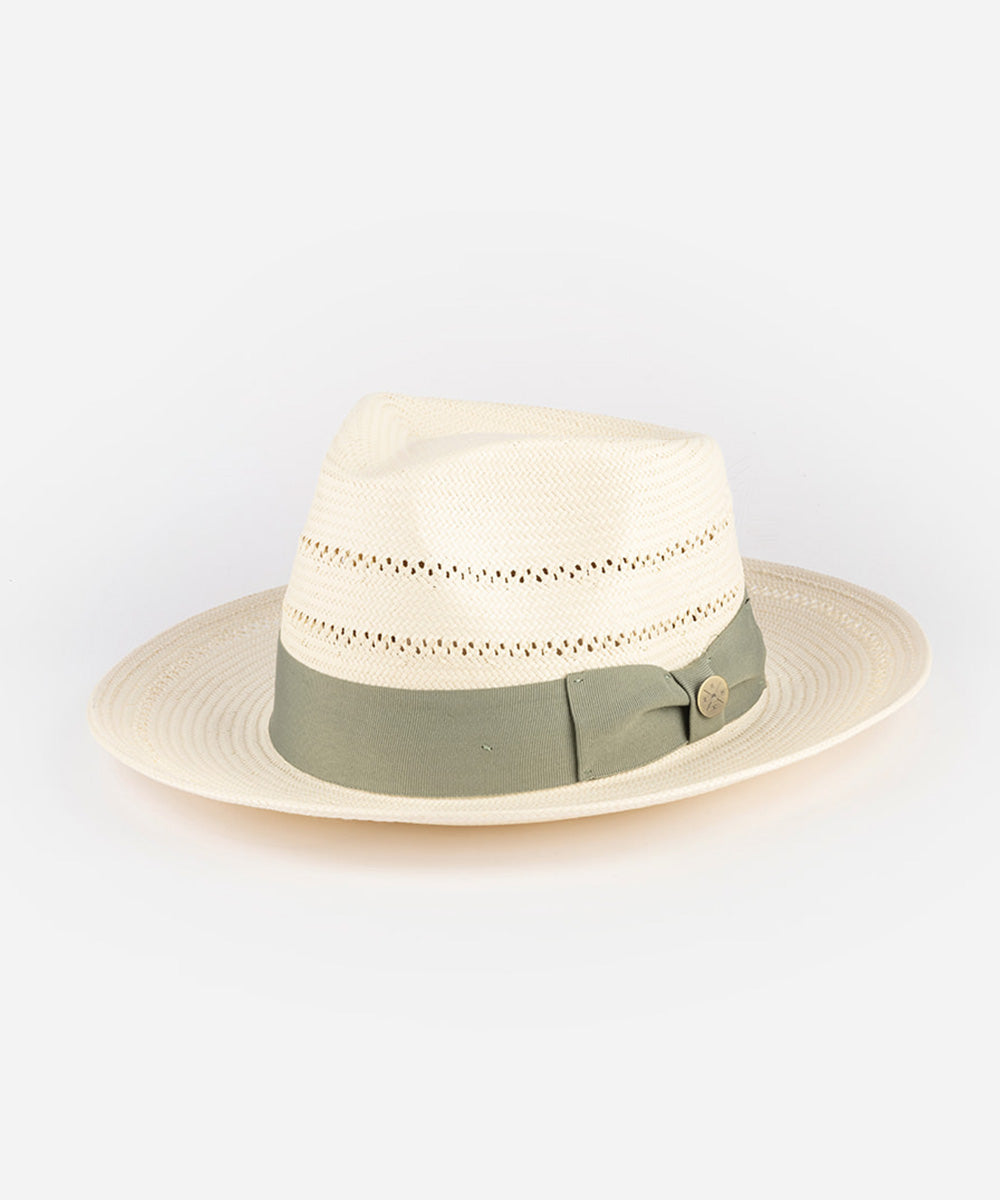 Beige straw hat with a green band on a white background #color_sage