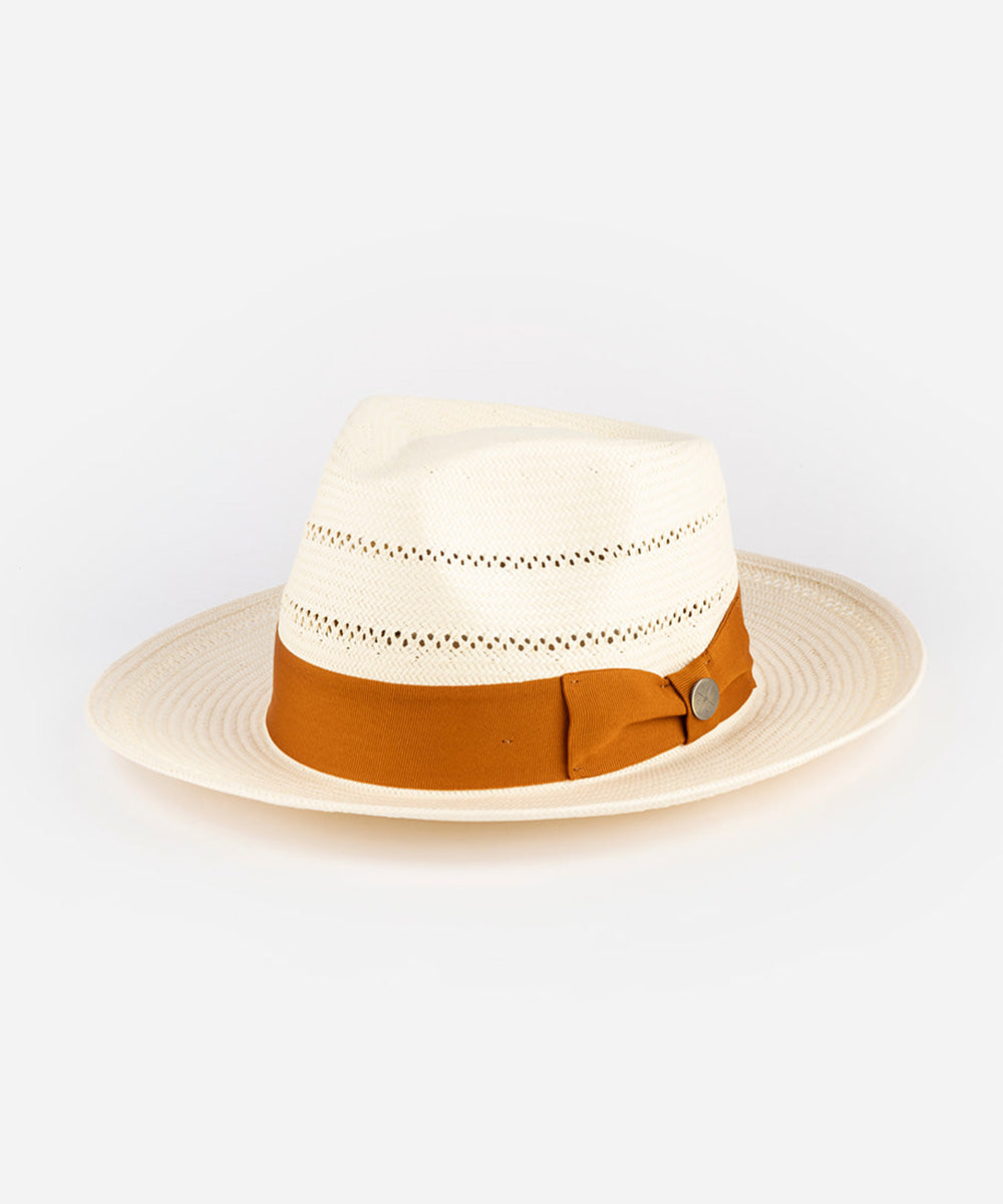 White straw hat with a brown band on a light gray background #color_terra cotta