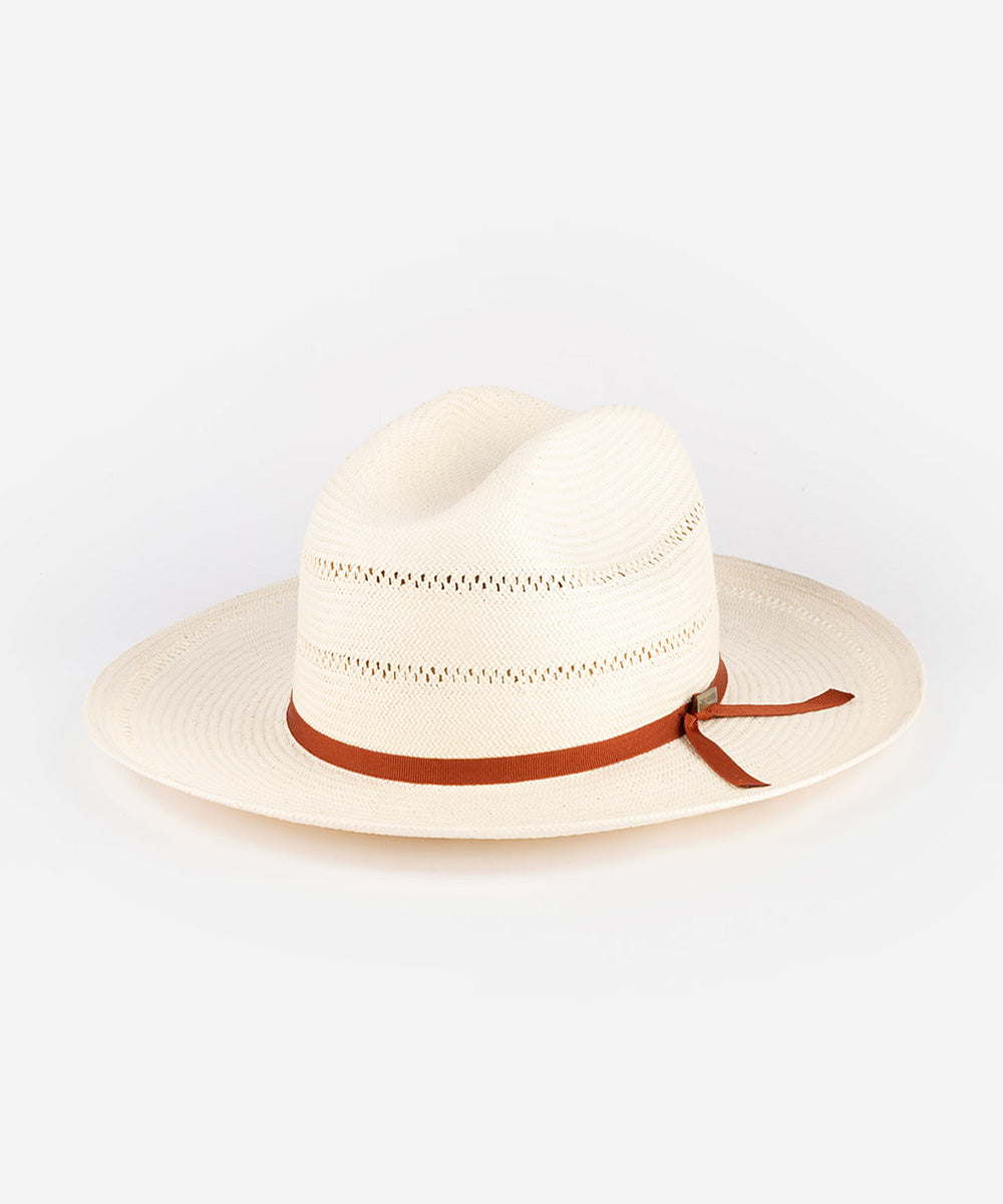 Beige straw hat with a brown band on a light gray background #color_ivory