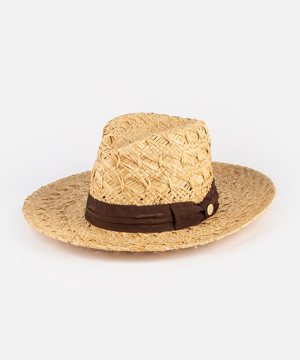 Straw hat with a brown band on a white background #color_brown