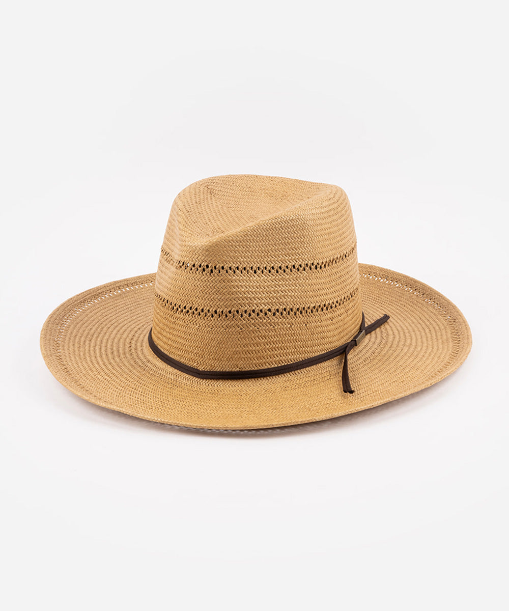 Beige straw hat with a black band on a white background #color_natural