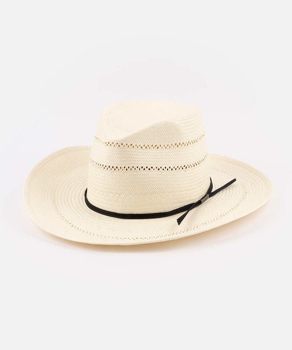 Beige straw hat with a black ribbon on a white background #color_ivory