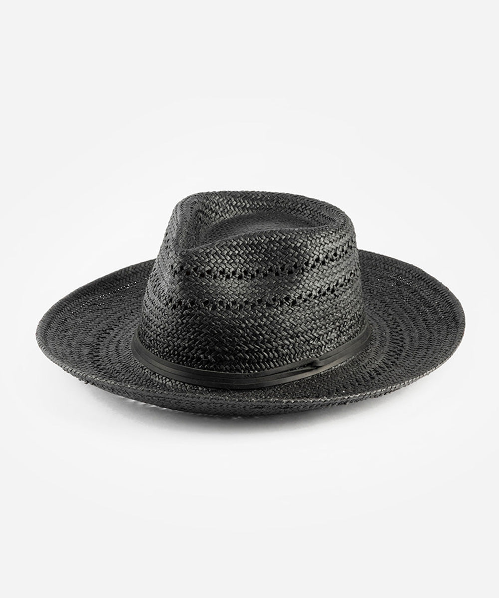 Black straw hat with a wide brim on a white background #color_black