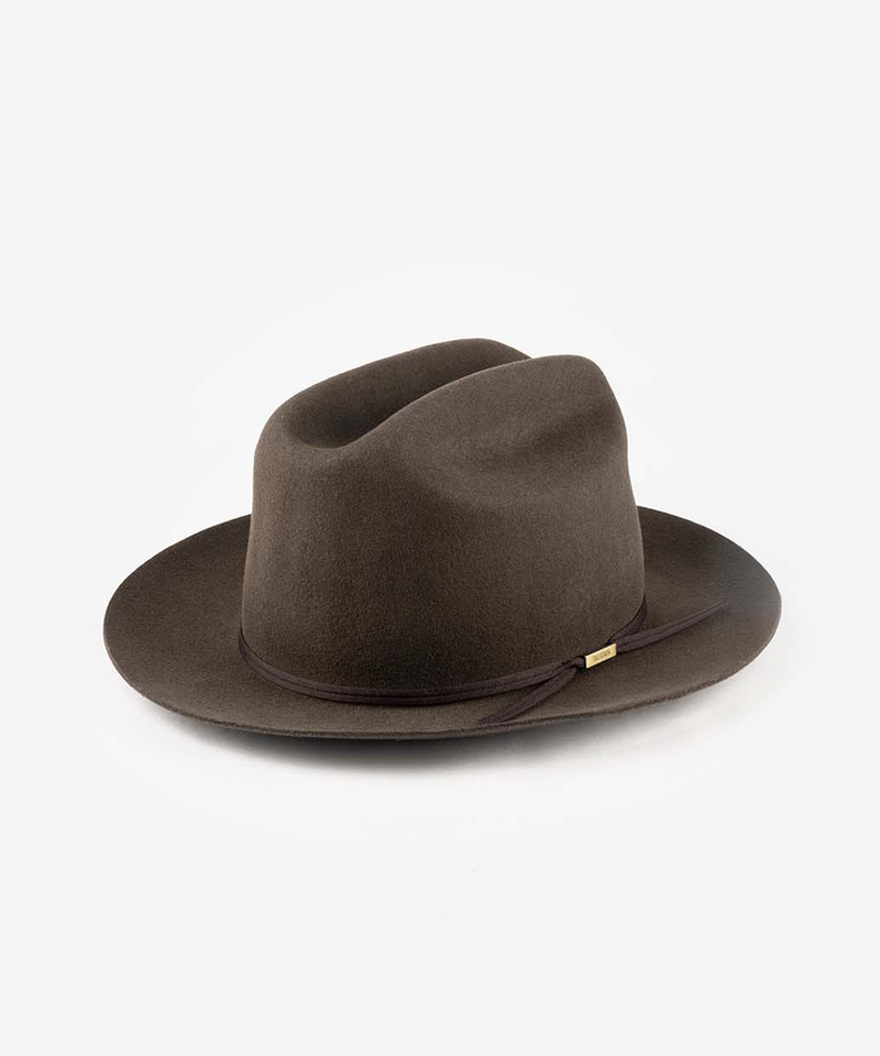 A dark brown felt fedora hat with a matching dark brown band and a small gold-tone metal accent, photographed on a clean white background #color_hickory