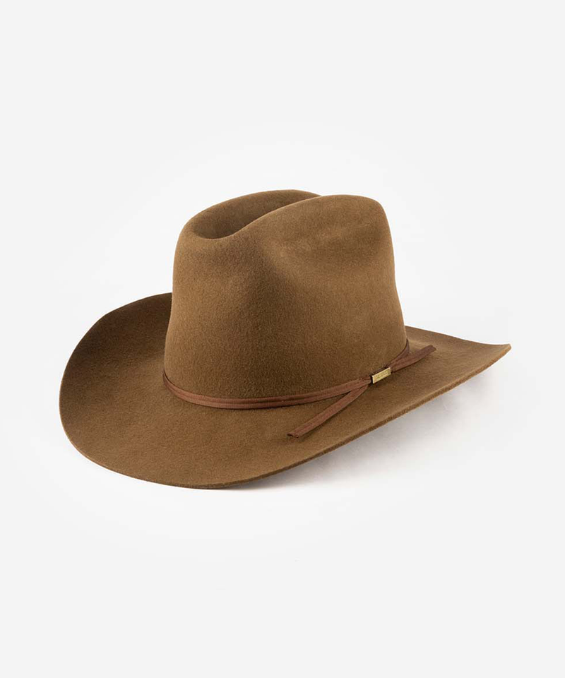 A brown felt cowboy hat with a matching brown band and a small gold accent, photographed on a clean white background #color_tobacco