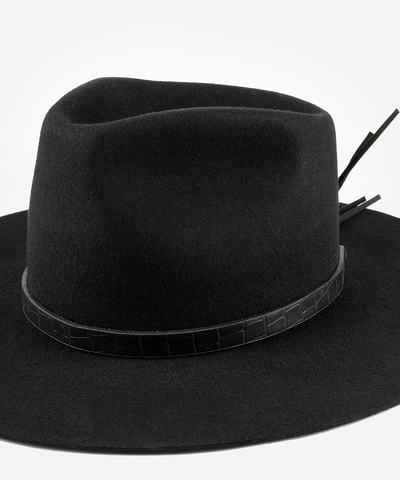 A black felt fedora hat with a textured black band and decorative black ties, shown against a plain white background #color_black