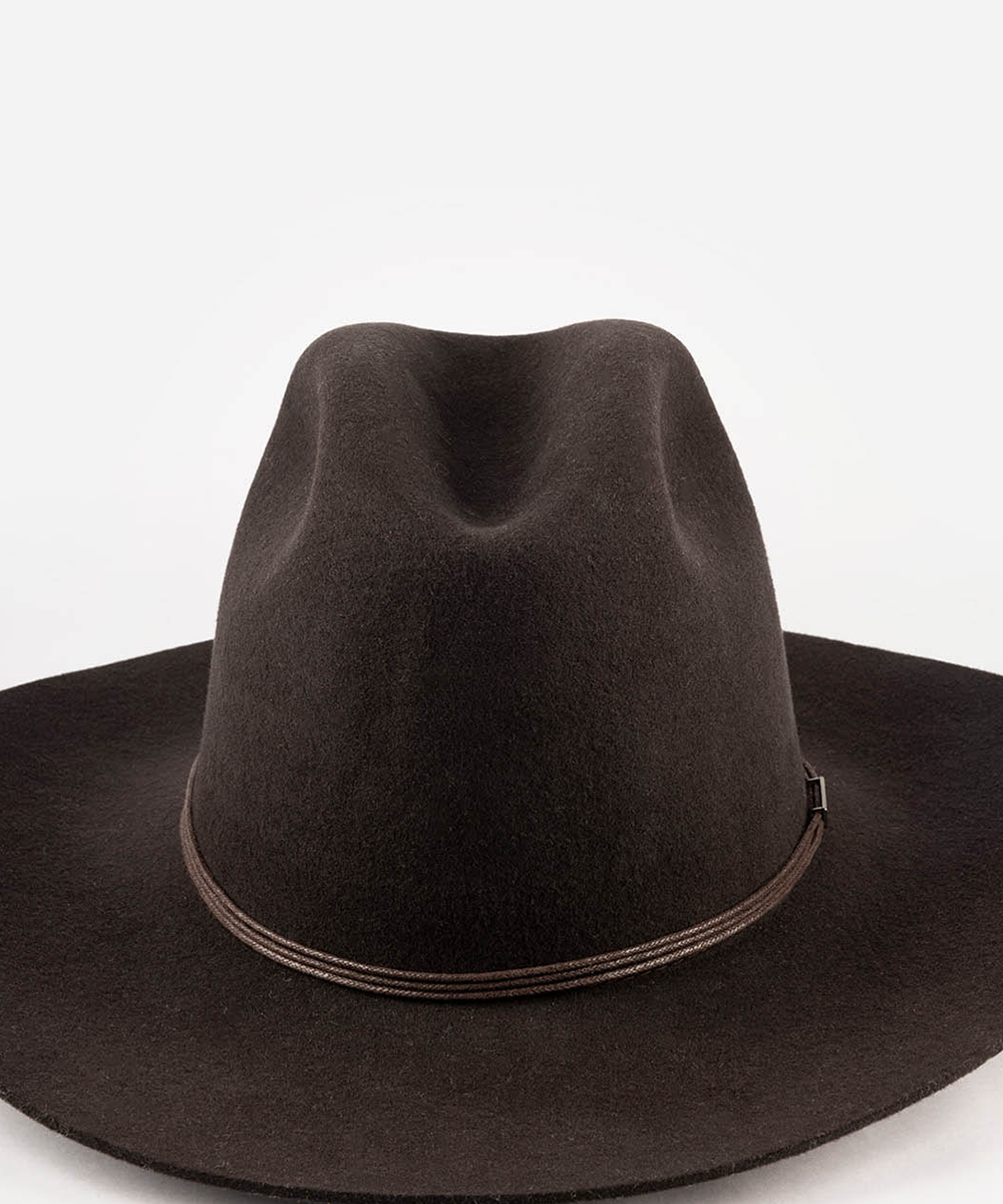 A dark brown felt cowboy hat with a matching brown band, photographed against a clean white background #color_dark brown