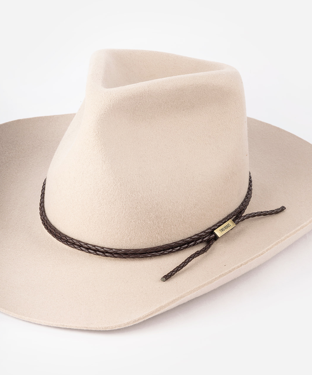 Beige cowboy hat with a leather band in a white background #color_brown