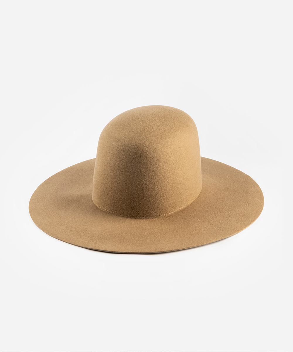 A brown felt wide-brim hat with a rounded crown, photographed on a clean white background #color_brown