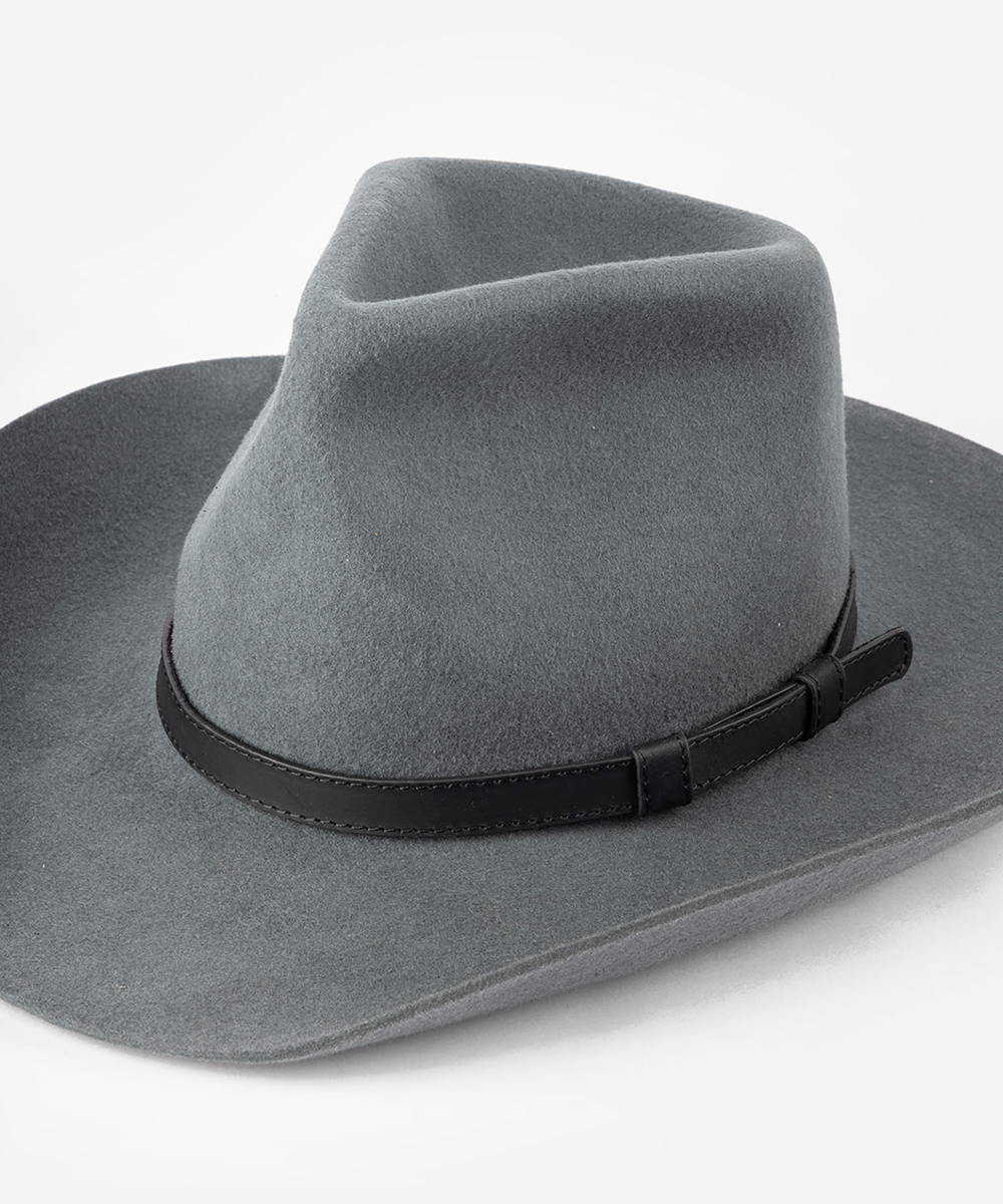 Gray cowboy hat with a leather band in a white background #color_black
