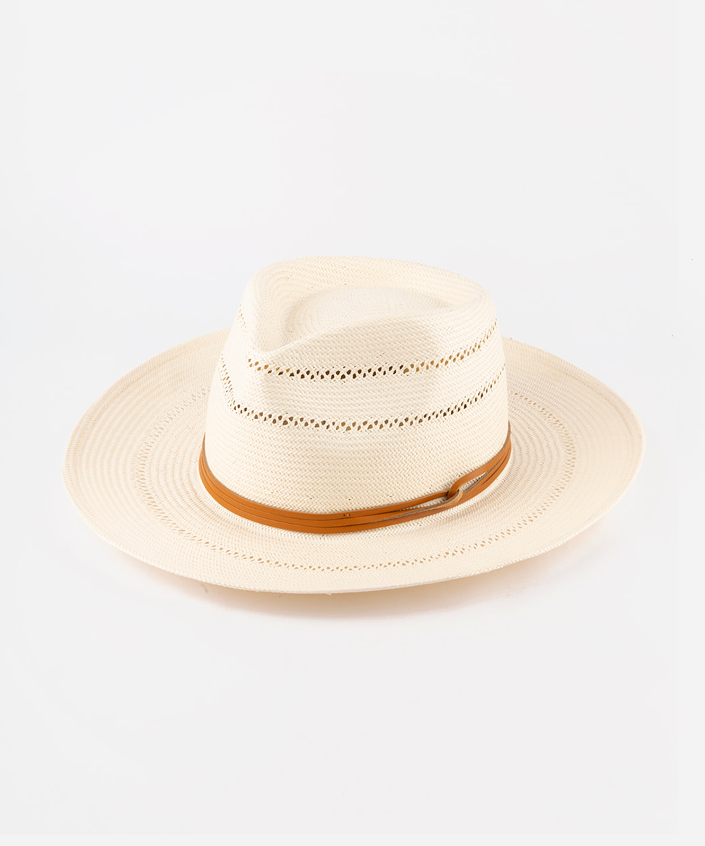 A light beige straw fedora hat with a brown band around the crown, photographed on a clean white background #color_ivory