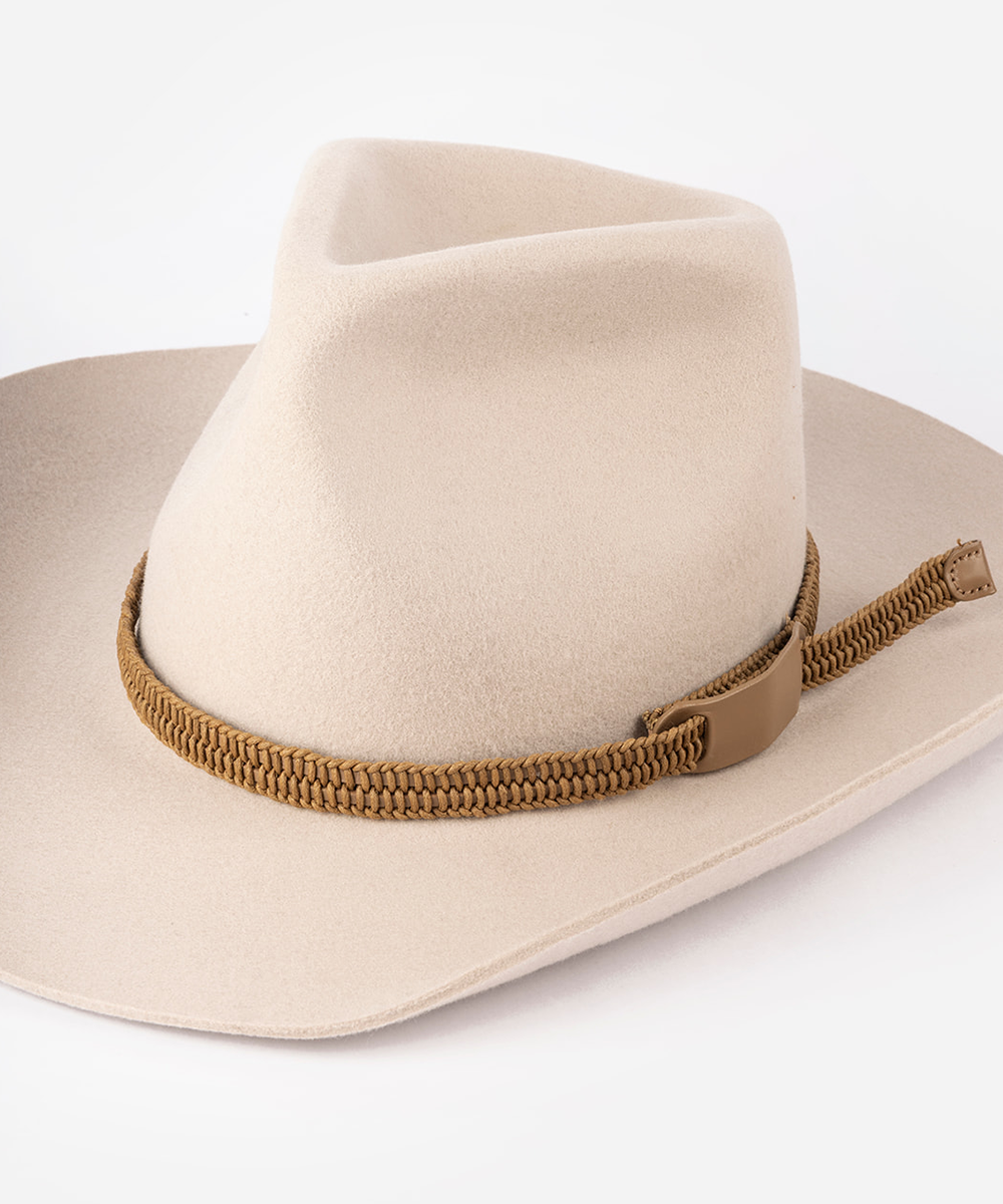 Beige cowboy hat with a leather band in a white background #color_tan