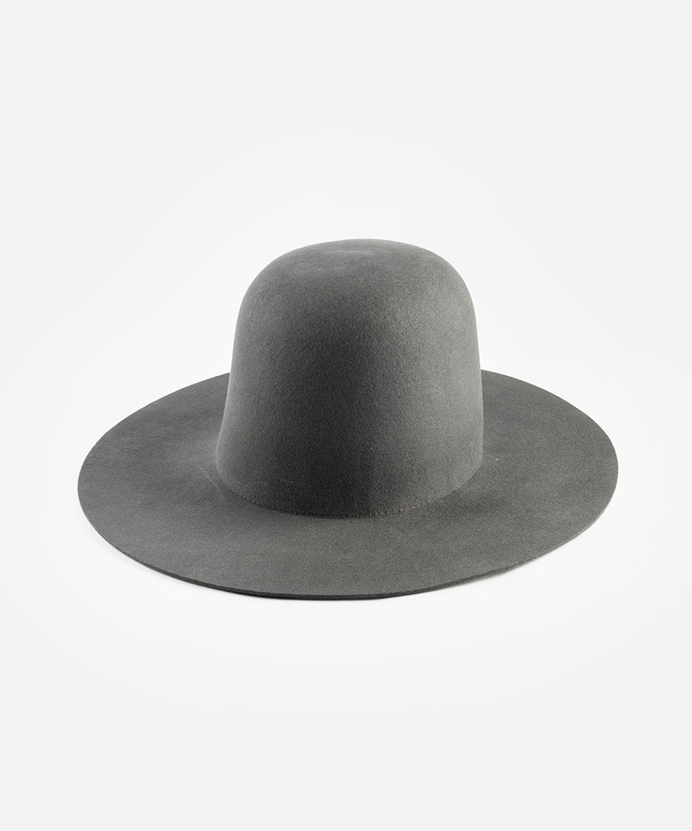 A dark gray felt wide-brim hat with a rounded crown, photographed on a clean white background #color_grey