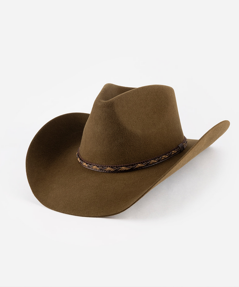 Brown cowboy hat with a band on a white background #color_moss