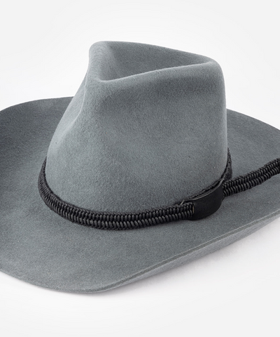 Gray cowboy hat with a leather band in a white background #color_black