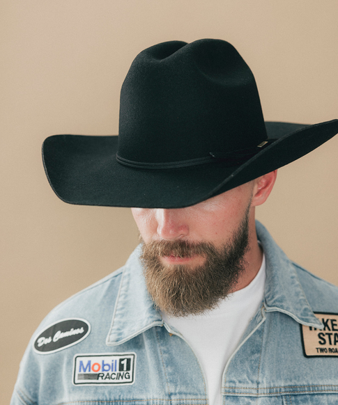 A man with a full beard wearing a black felt cowboy hat and a denim jacket and white t-shirt, shown in a side profile against a solid beige background #color_black