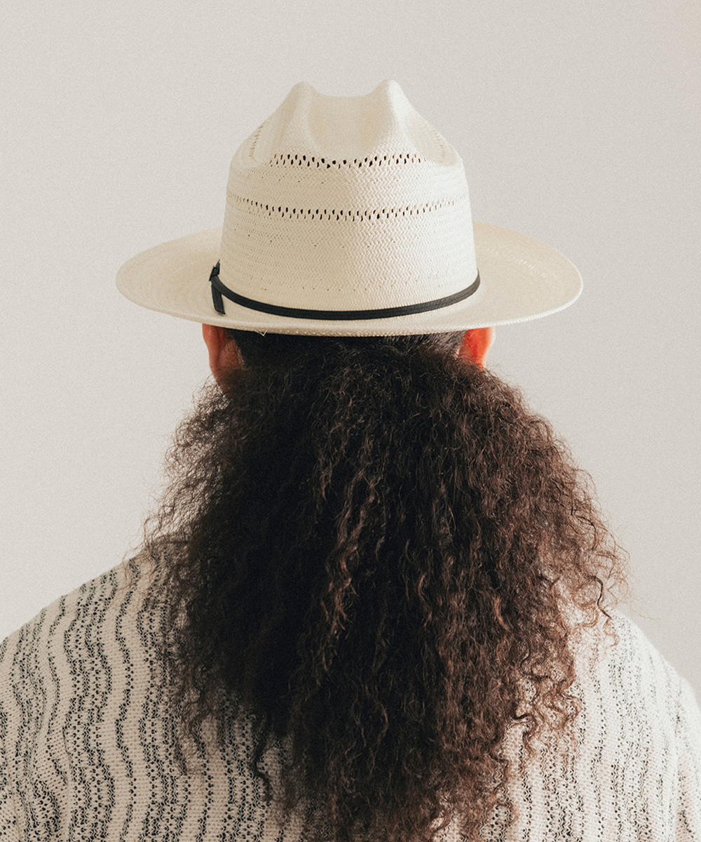 White straw hat with a black band on a white background #color_off white