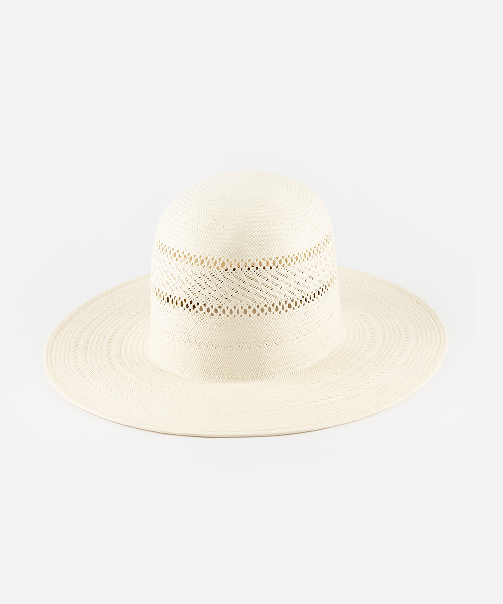 Beige straw hat with a textured band on a white background #color_ivory