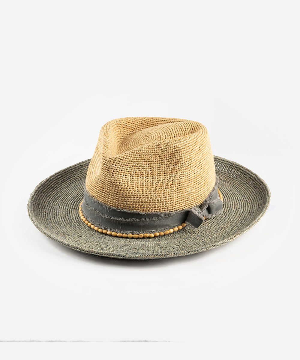 Two straw hats, one beige and one gray, on a white background #color_Natural - Grey Blue